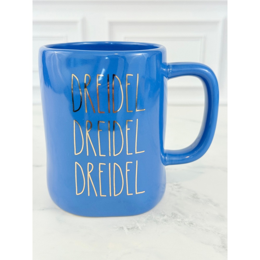 Rae Dunn "Dreidel Dreidel Dreidel" Large Letters Blue‎ White 4 3/4" Mug